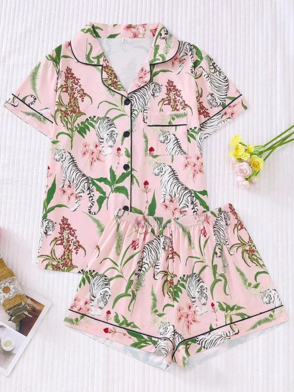 Pink Floral Tiger Print Women's Pajama Short Sleeve Collared Top and Shorts set